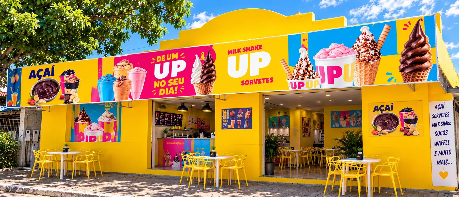 Salão da sorveteria UP, com o balcão e a máquina de sorvete